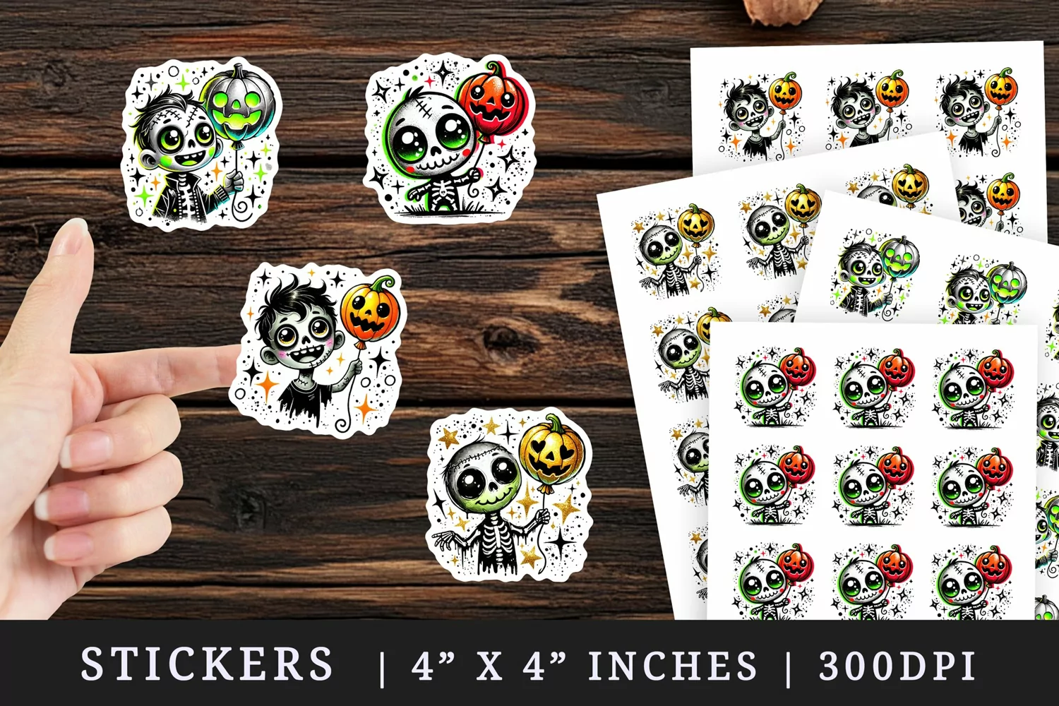 Watercolor cute zombie holding neon green balloon pumpkin Halloween print sticker sheet stickers printable sublimation design png