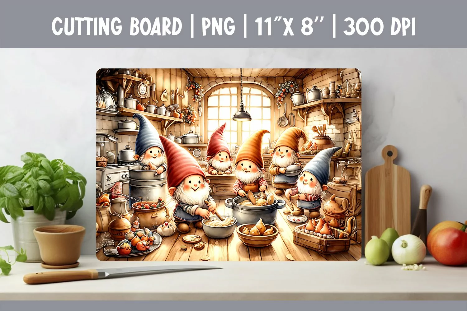 Watercolor Kitchen Cutting Board Sublimation Design | Gnomes product image 1