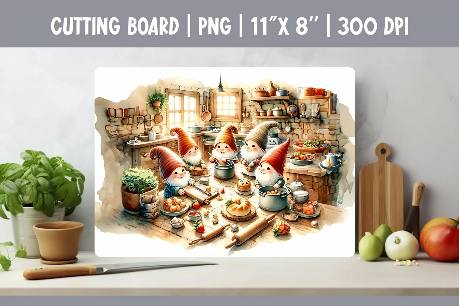Watercolor Kitchen Cutting Board Sublimation Design | Gnomes product image 1