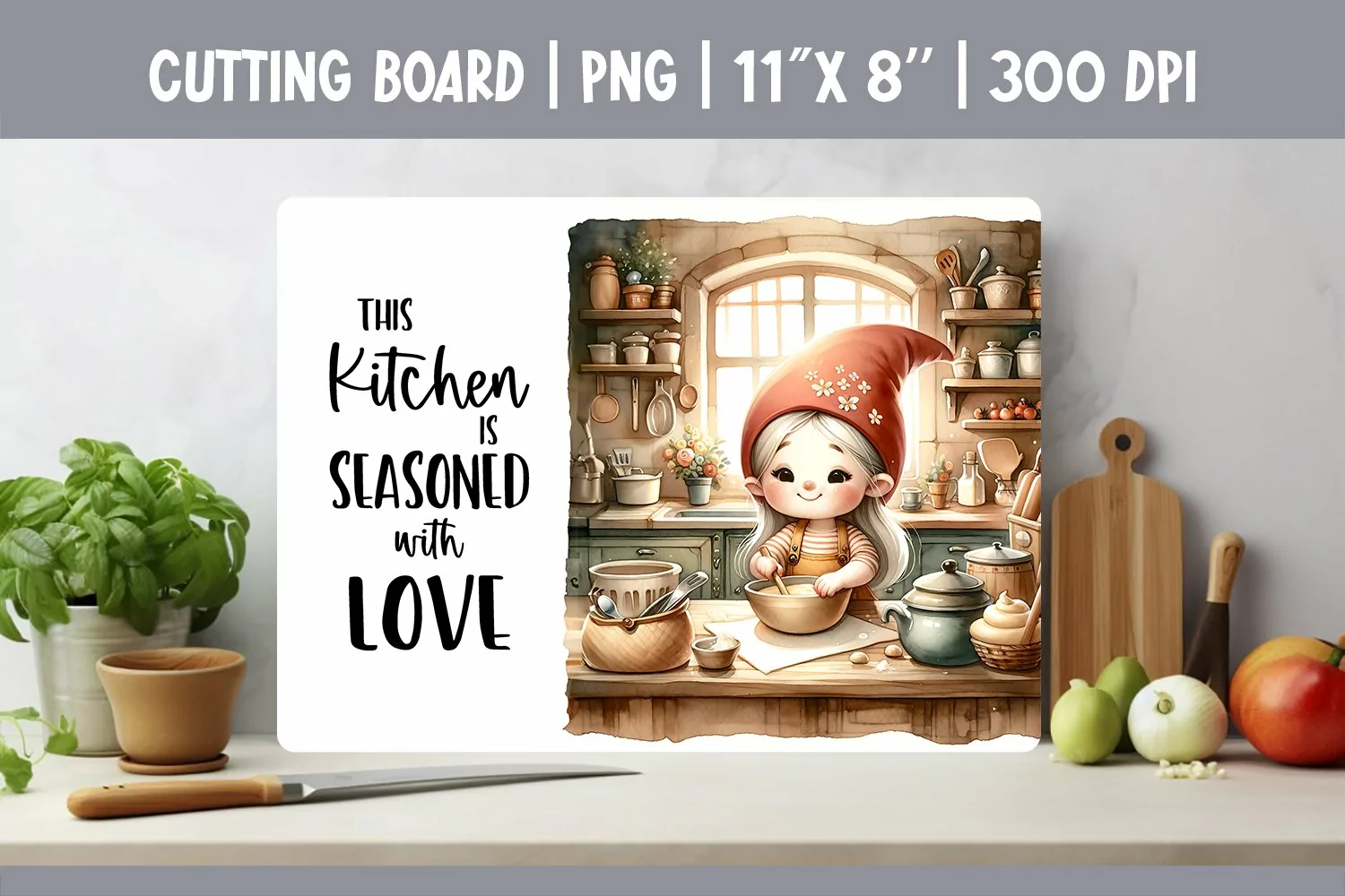 Watercolor Kitchen Cutting Board Sublimation Design | Gnomes product image 1