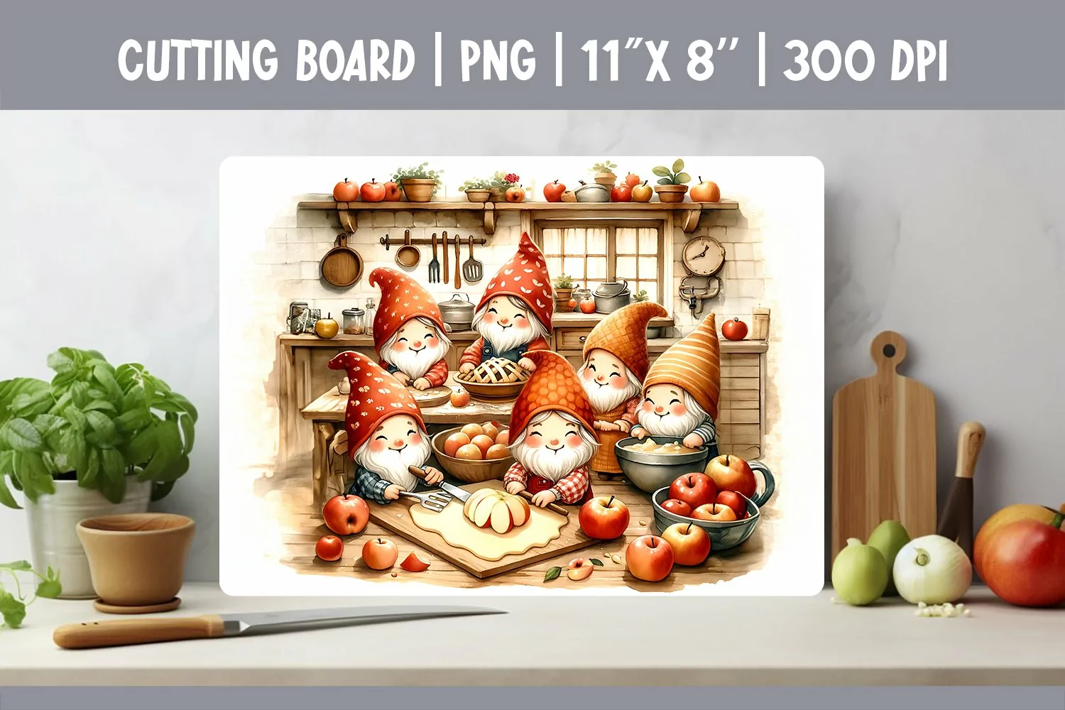 Watercolor Kitchen Cutting Board Sublimation Design | Gnomes product image 1