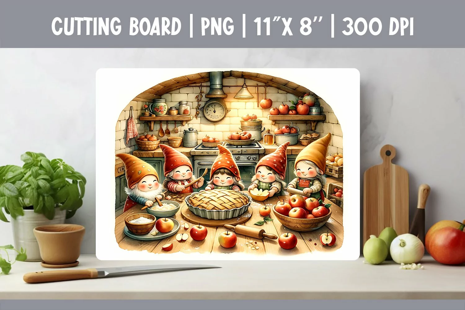Watercolor Kitchen Cutting Board Sublimation Design | Gnomes product image 1