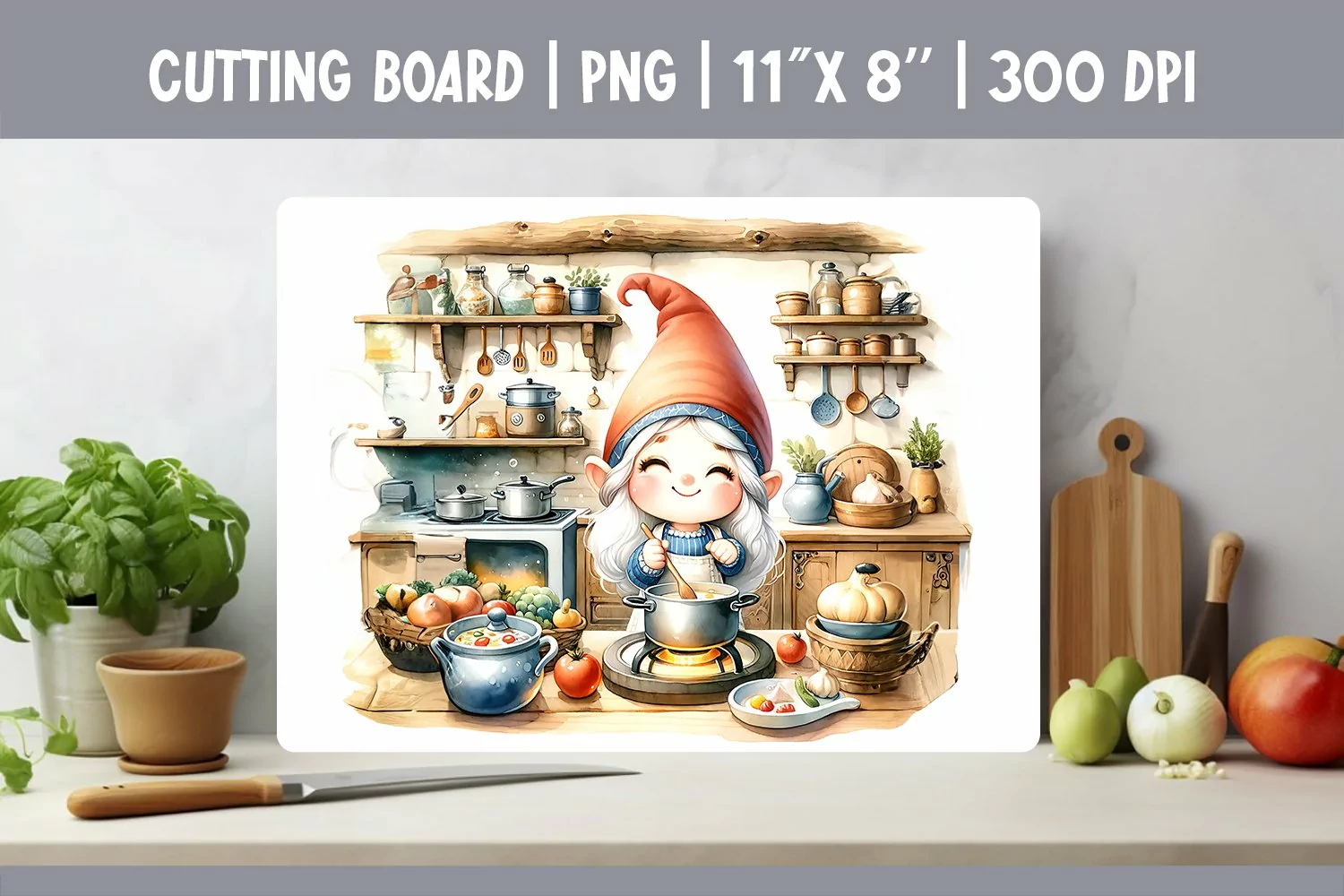 Watercolor Kitchen Cutting Board Sublimation Design | Gnomes product image 1