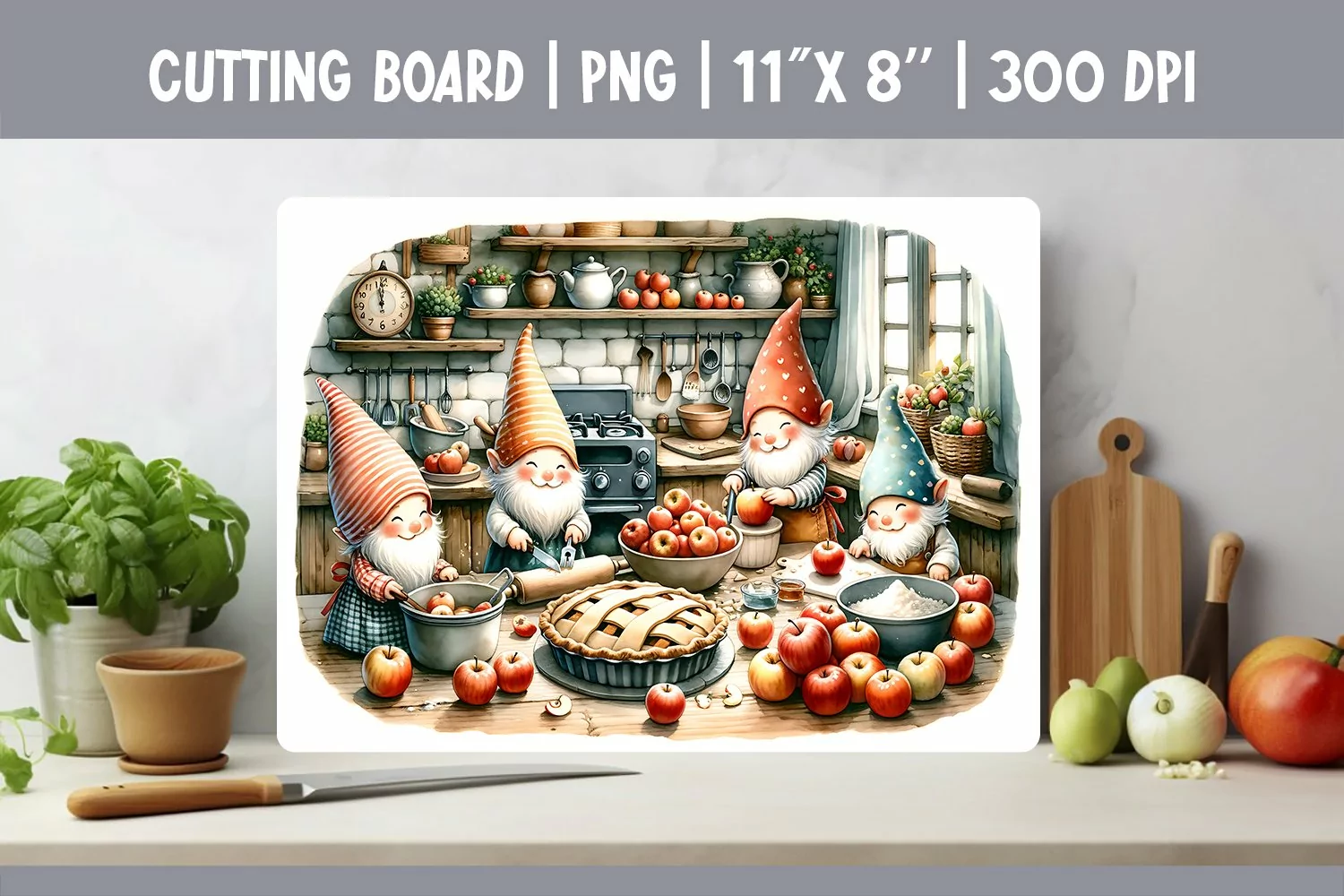 Watercolor Kitchen Cutting Board Sublimation Design | Gnomes product image 1