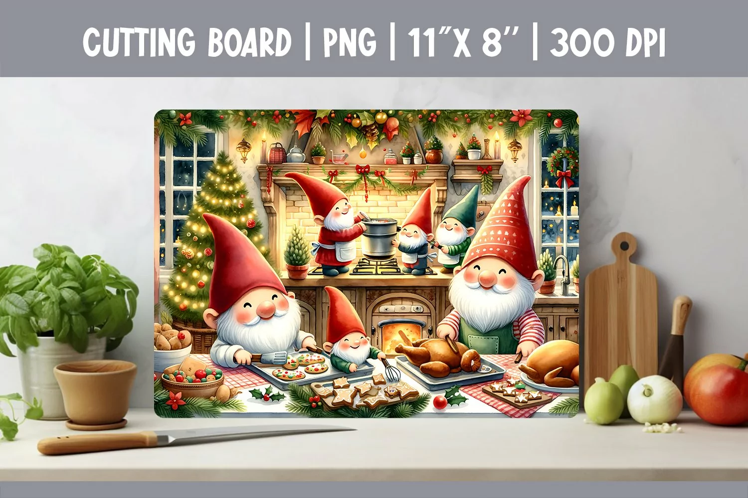 Christmas Kitchen Cutting Board Sublimation Design | Gnomes product image 1