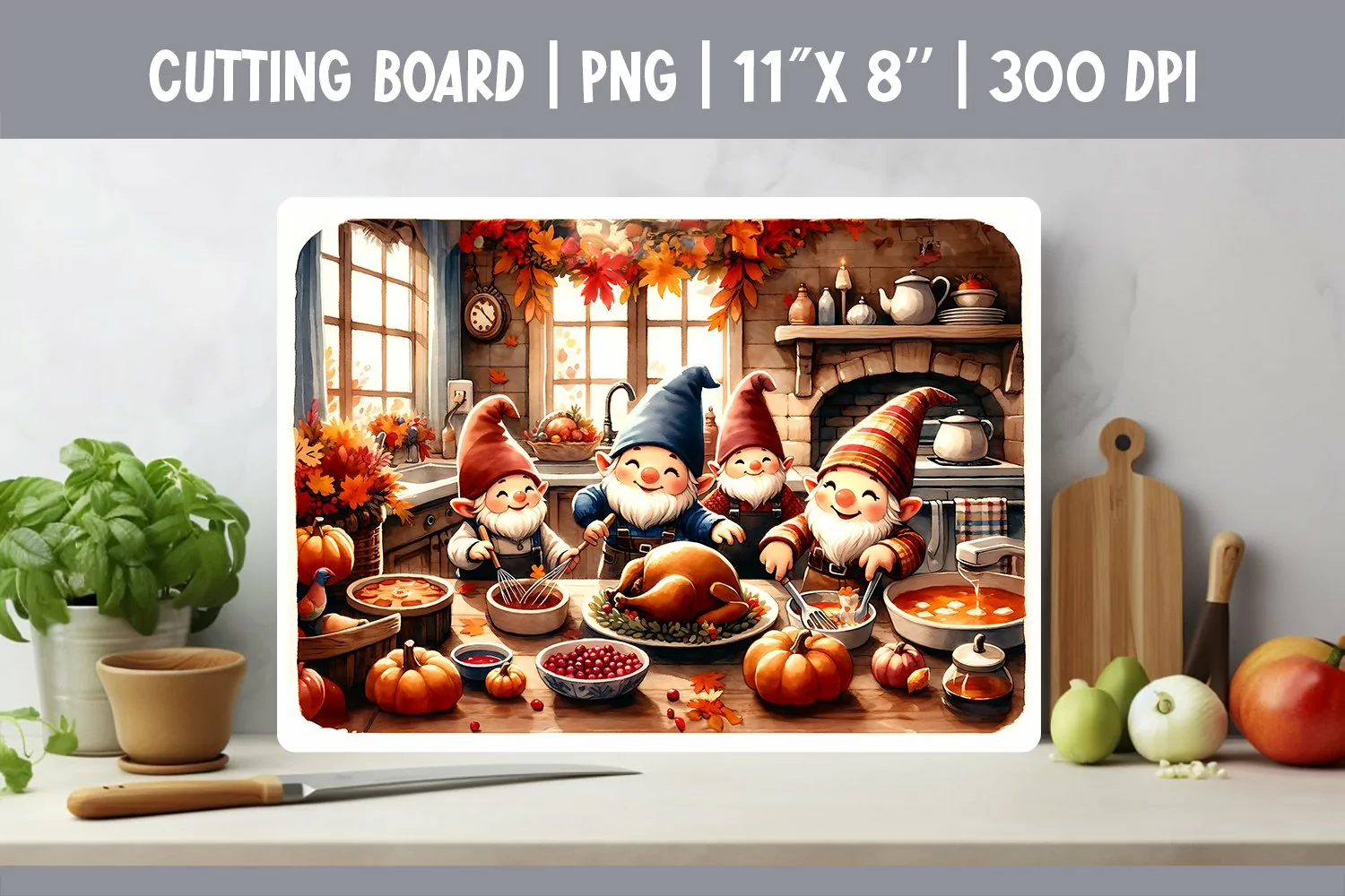 Thanksgiving Kitchen Cutting Board Sublimation Design Gnome product image 1