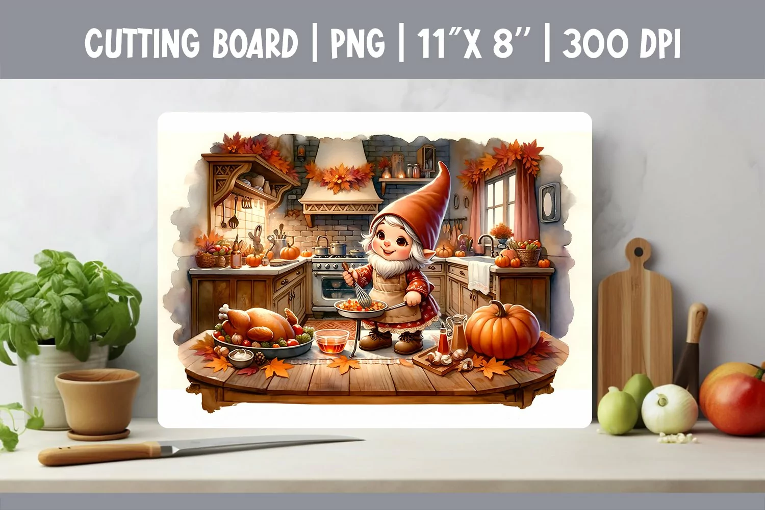 Thanksgiving Kitchen Cutting Board Sublimation Design Gnome product image 1