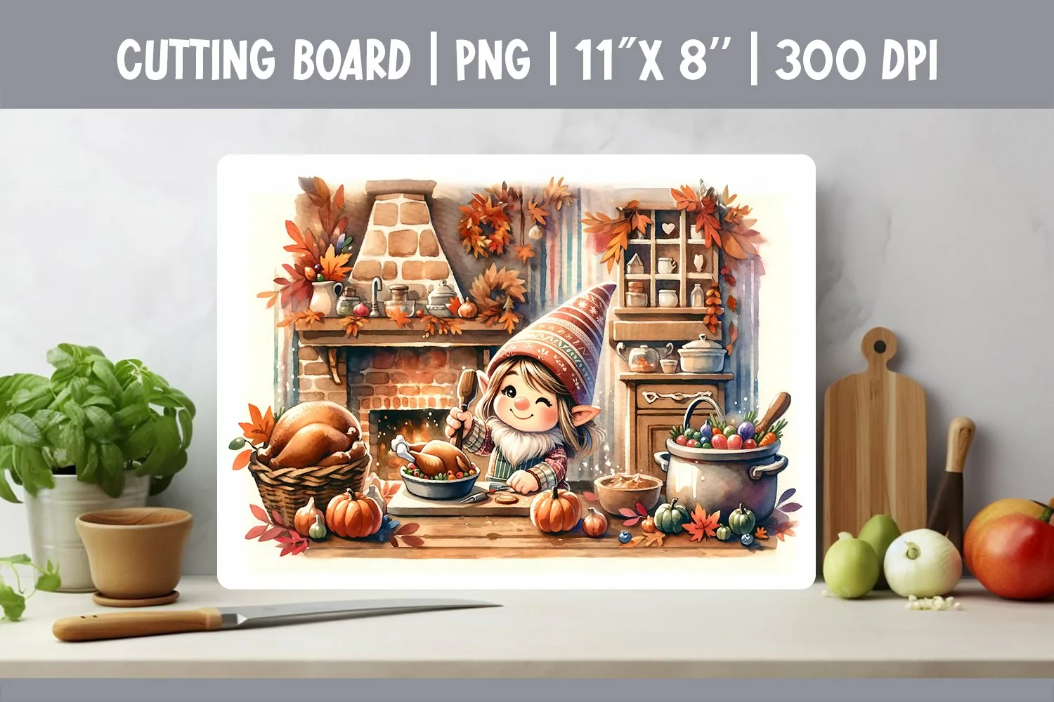 Thanksgiving Kitchen Cutting Board Sublimation Design Gnome product image 1