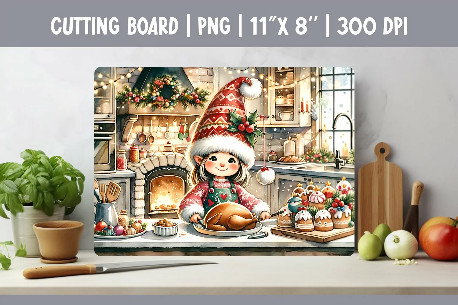 Christmas Kitchen Cutting Board Sublimation Design Gnome product image 1