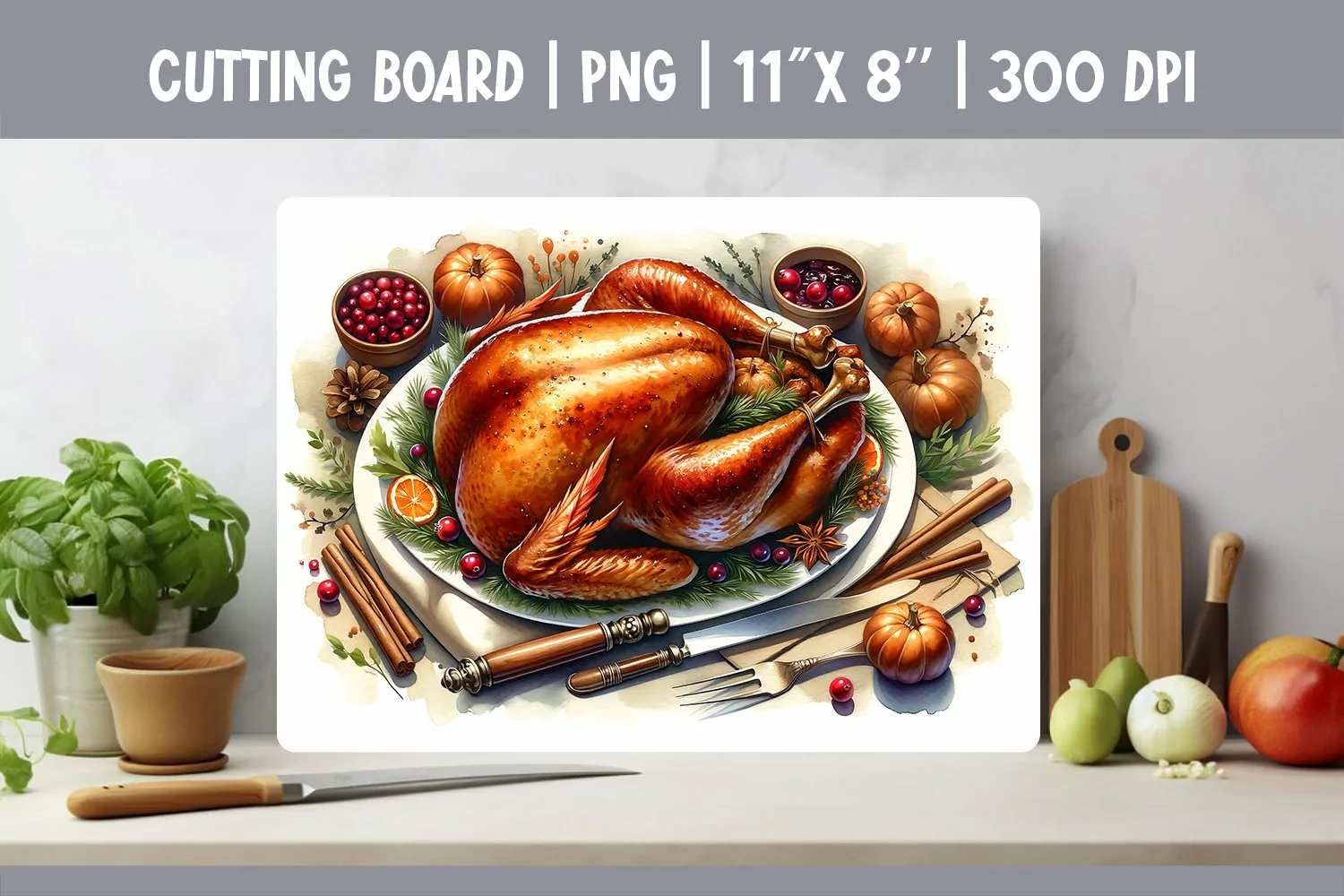 Kitchen Cutting Board Sublimation Design Thanksgiving Turkey product image 1