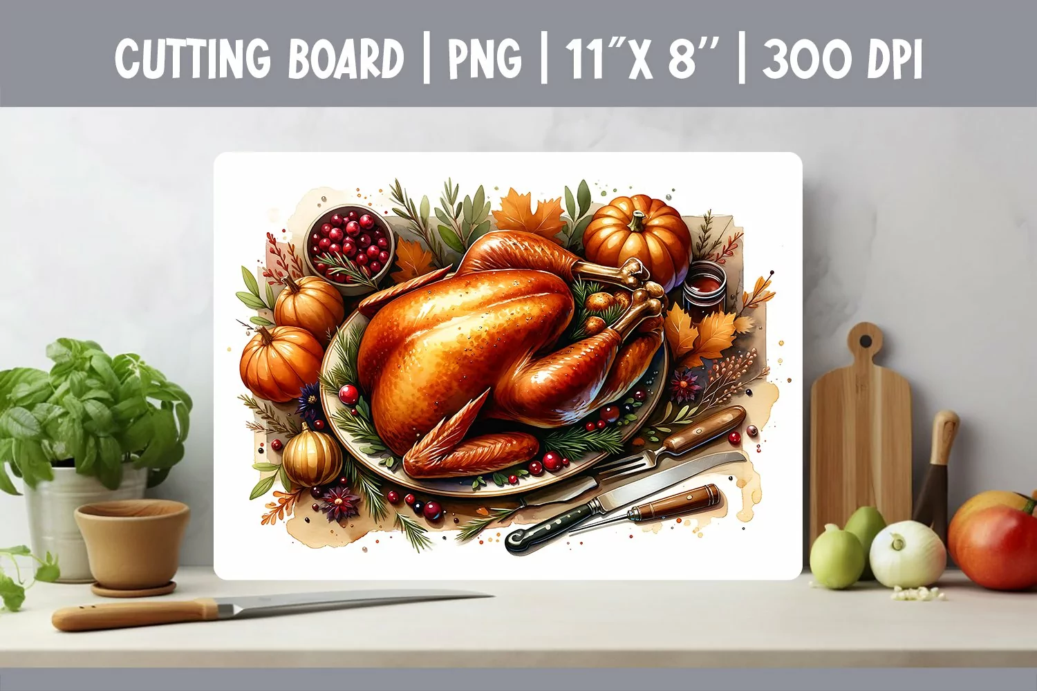 Kitchen Cutting Board Sublimation Design Thanksgiving Turkey product image 1