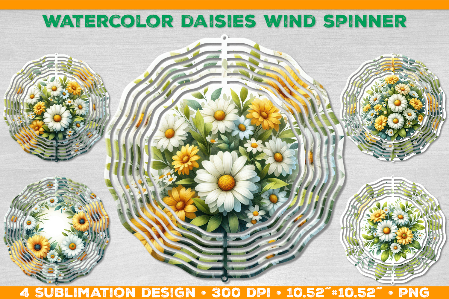 Watercolor Daisies Bouquet Wind Spinner Sublimation Design product image 1