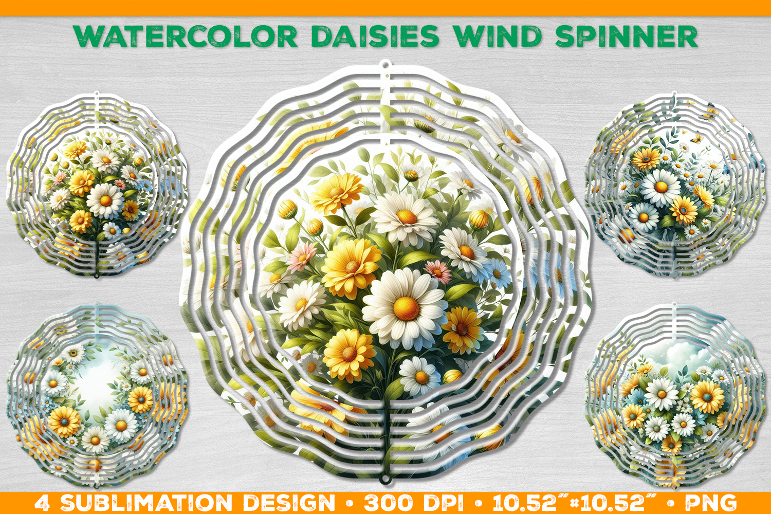 Watercolor Daisies Bouquet Wind Spinner Sublimation Design product image 1