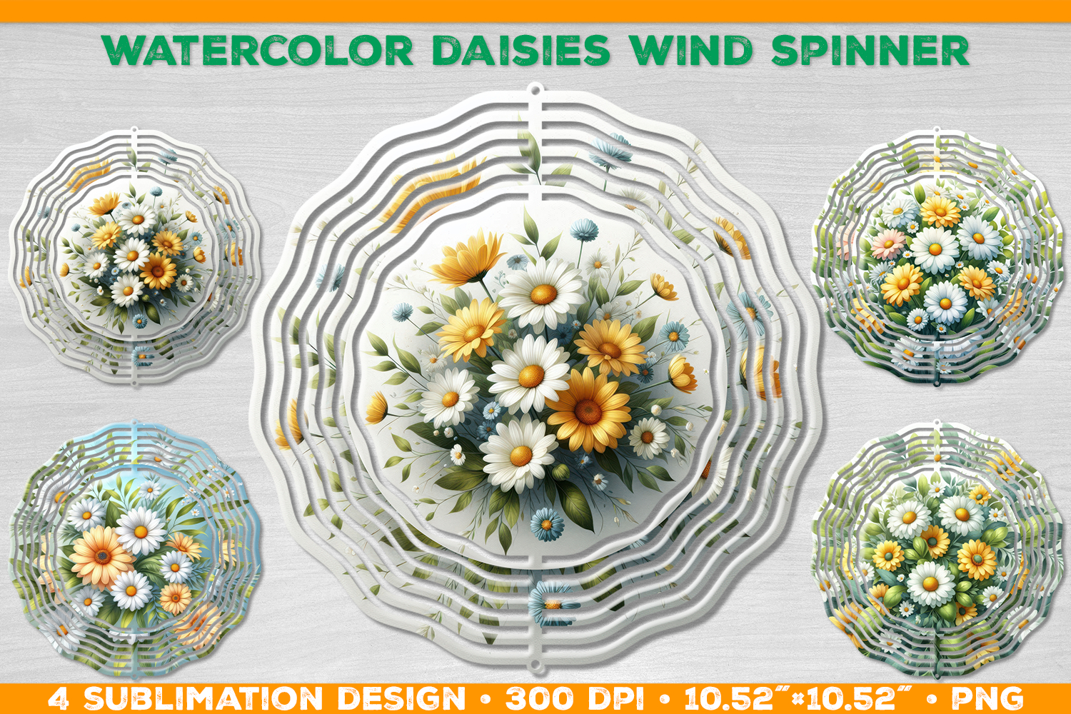 Watercolor Daisies Bouquet Wind Spinner Sublimation Design product image 1