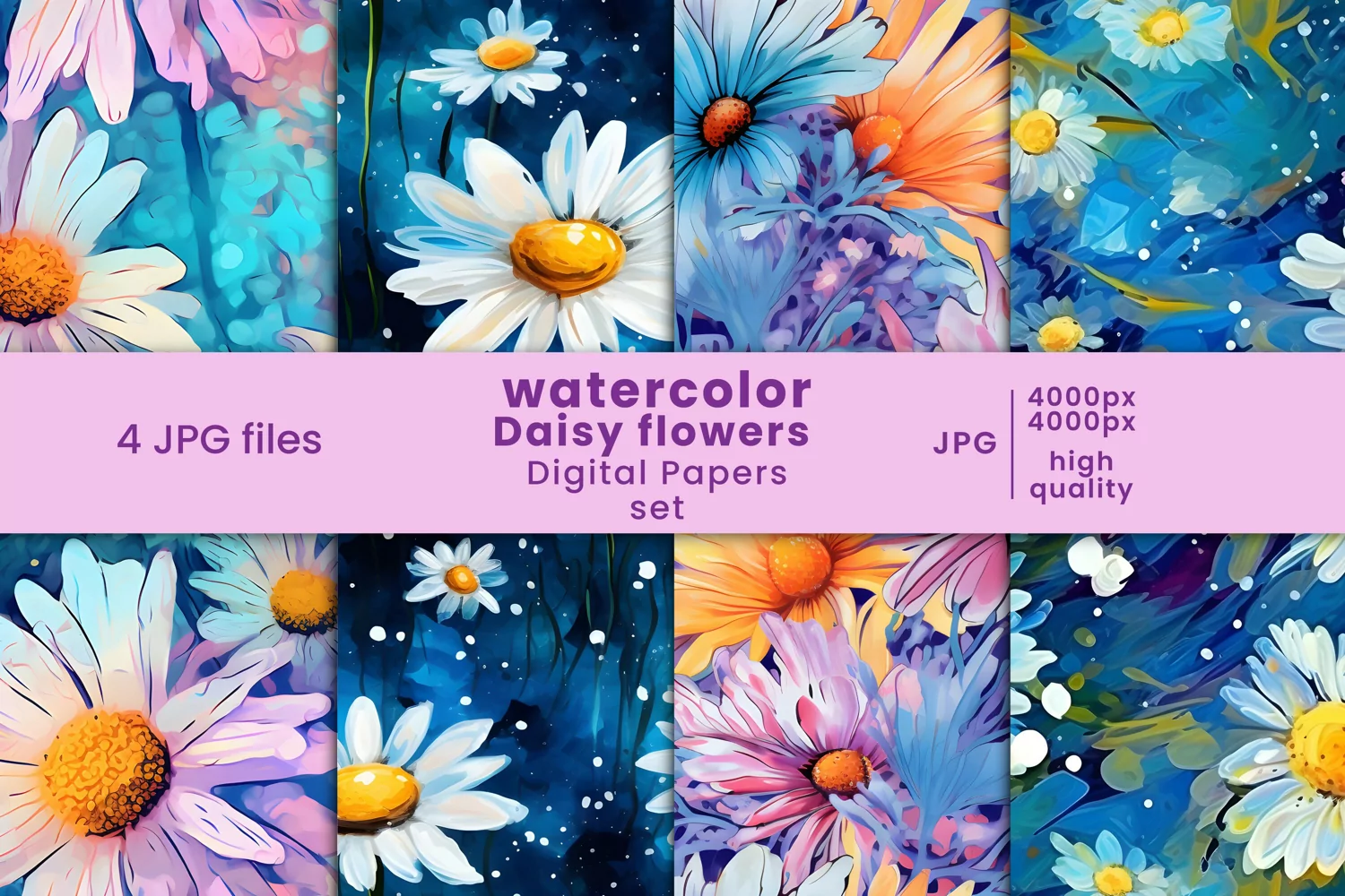 watercolor floral patterns, floral patterns, floral digital papers, watercolor flowers, daisy flower
