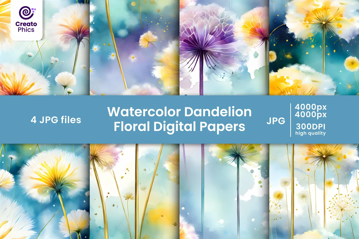 floral patterns, floral digital papers, dandelions patterns, scrapbook, tumbler, wraps, watercolor,