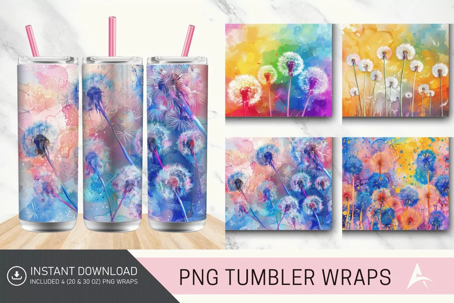3D Watercolor Dandelions Flowers Tumbler wrap product image 1