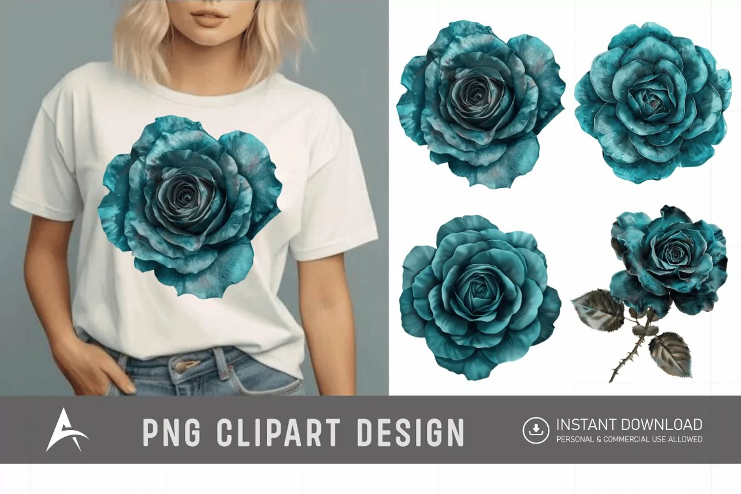 Watercolor Dark Teal Rose Clipart product image 1