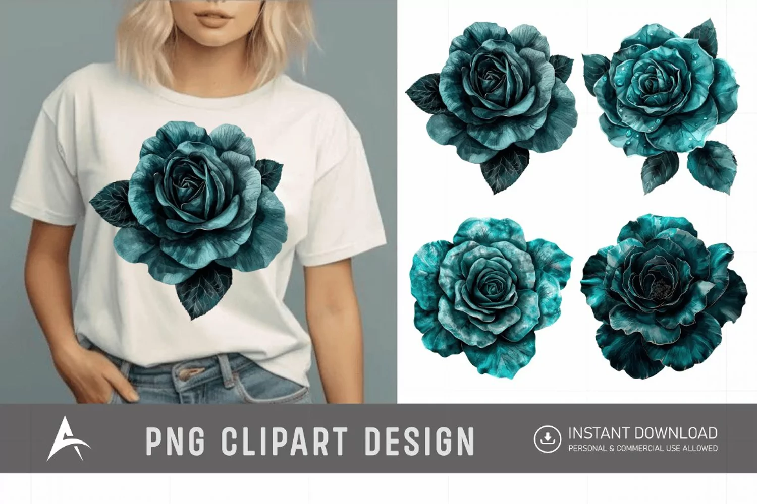 Watercolor Dark Teal Rose Clipart product image 1