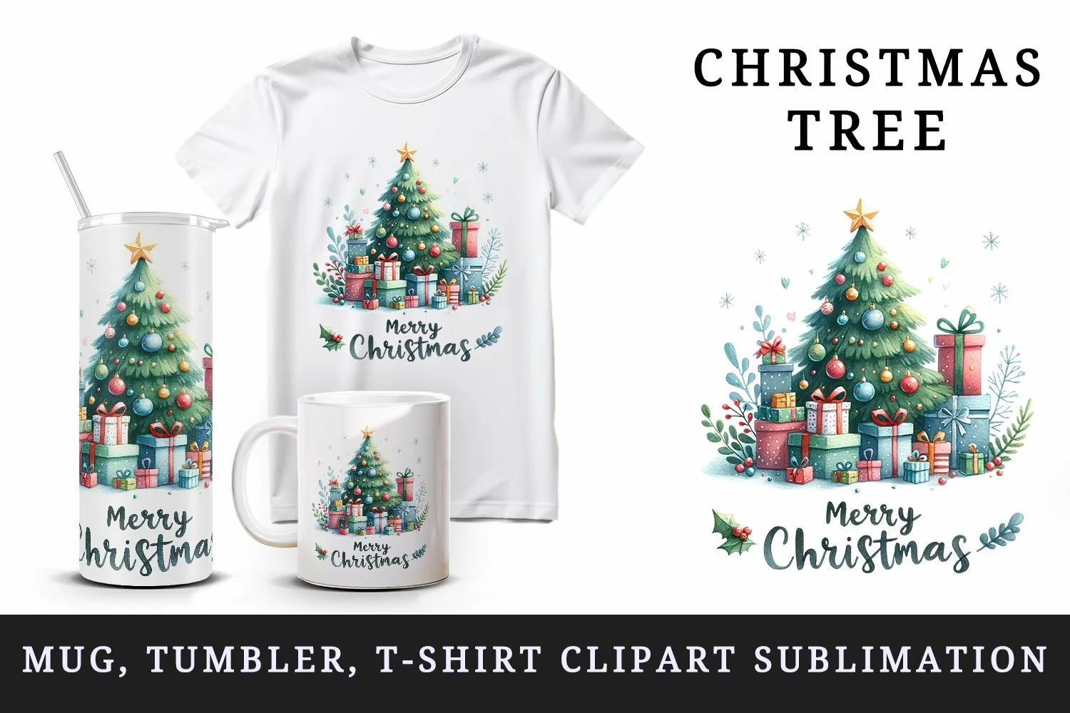 Watercolor decorated Christmas tree pile gifts Merry Christmas quote print 20 oz tumbler skinny mug wrap clipart t-shirt sublimation printable design