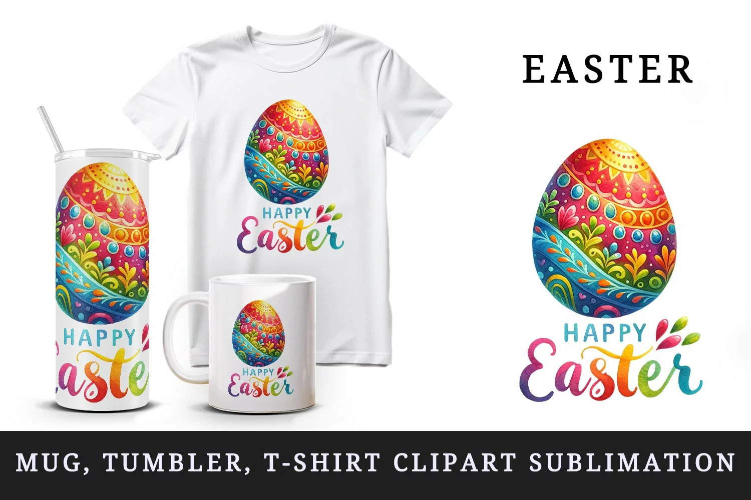 Watercolor decorated vibrant Easter egg Happy Easter greeting quote print 20 oz tumbler skinny mug wrap clipart t-shirt sublimation printable design