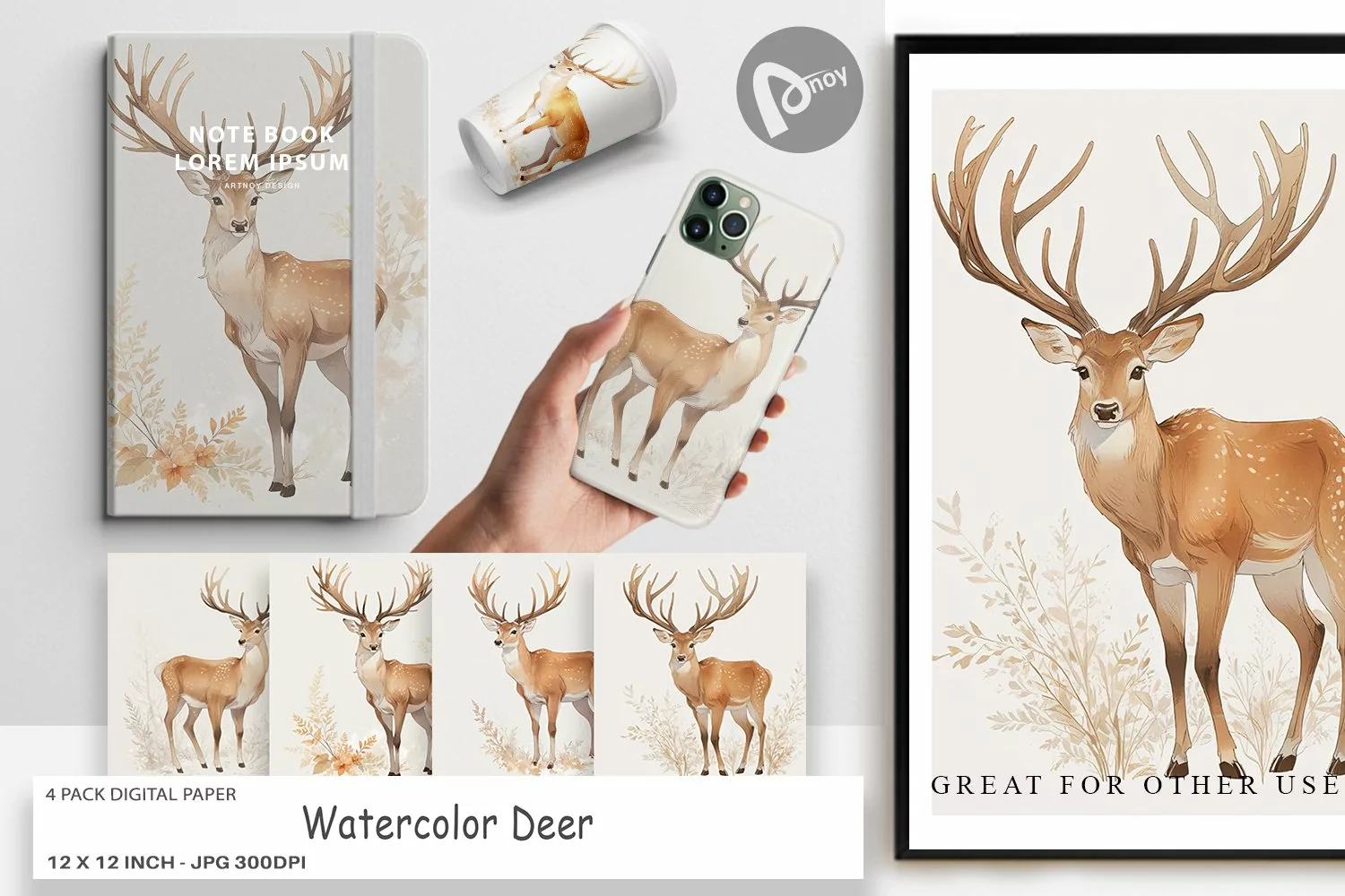 Digital Paper Watercolor Deer product image 1