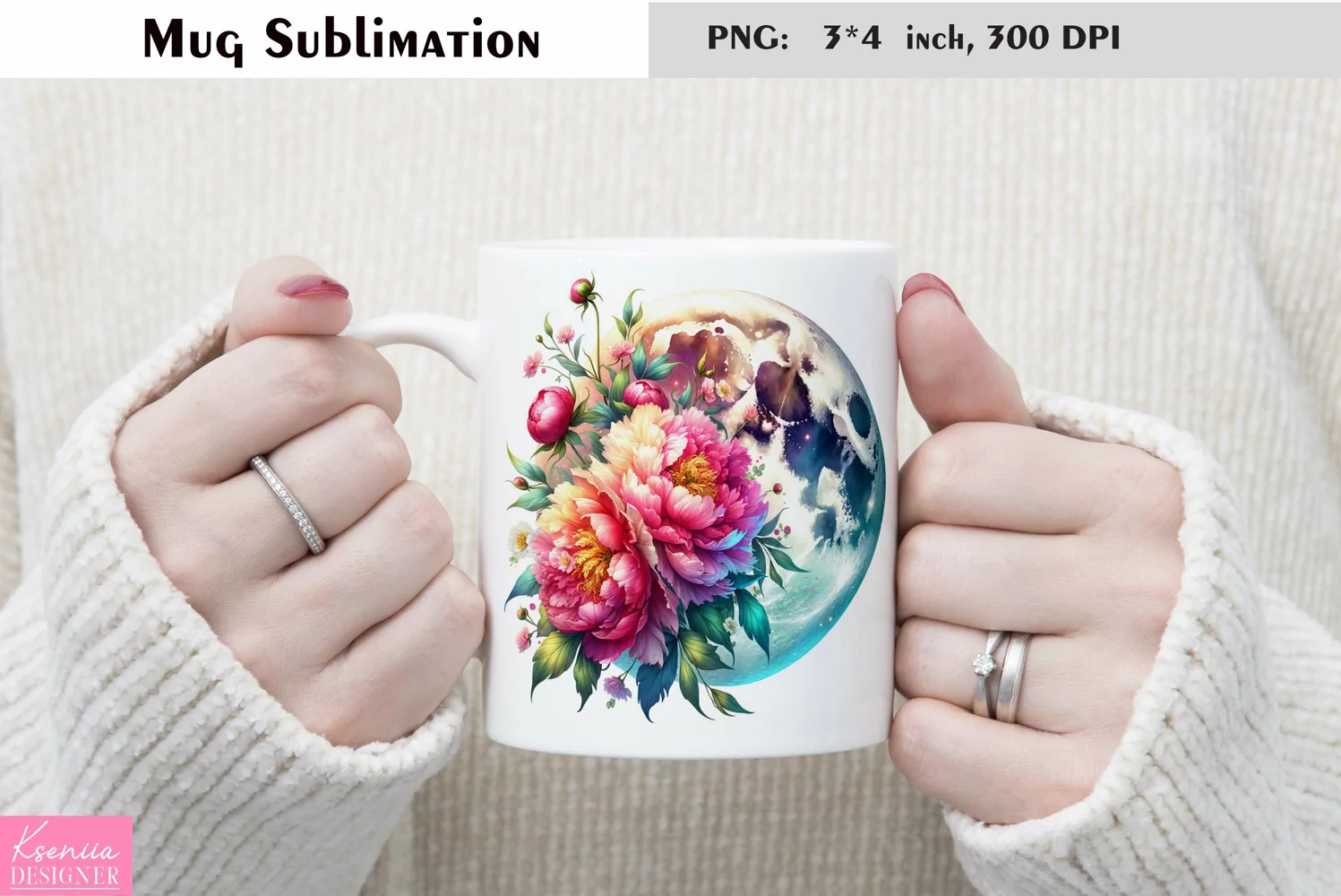 Watercolor Floral Moon Mug Sublimation|Flower Mug Design product image 1