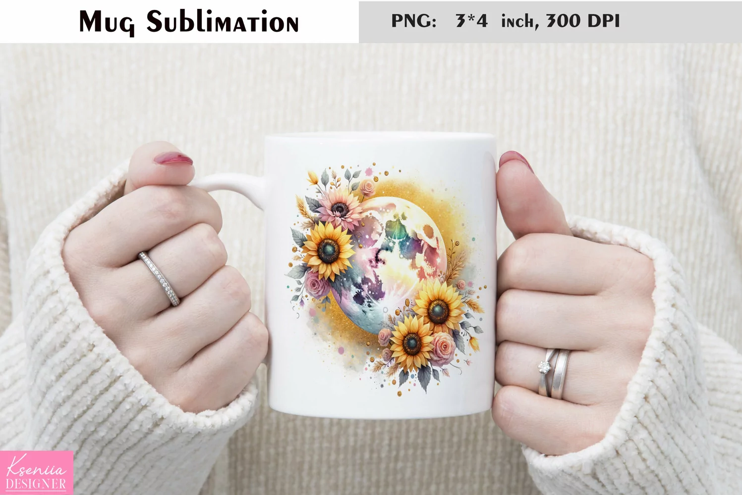 Watercolor Floral Moon Mug Sublimation|Flower Mug Design product image 1