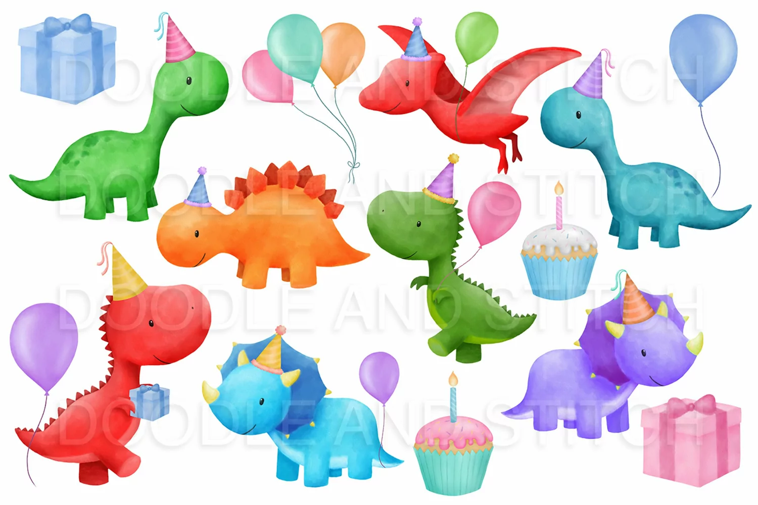 Dinosaur Party Watercolor Clipart Illustrations product image 1