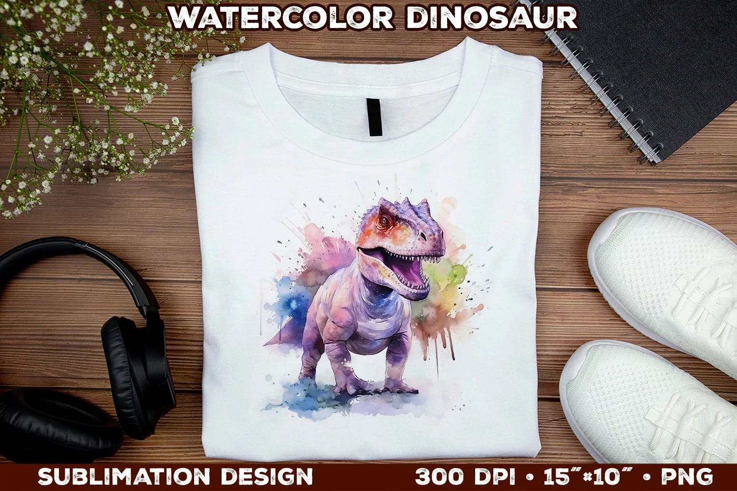Watercolor Dinosaur T-Shirt Design. Dinosaur Sublimation PNG product image 1