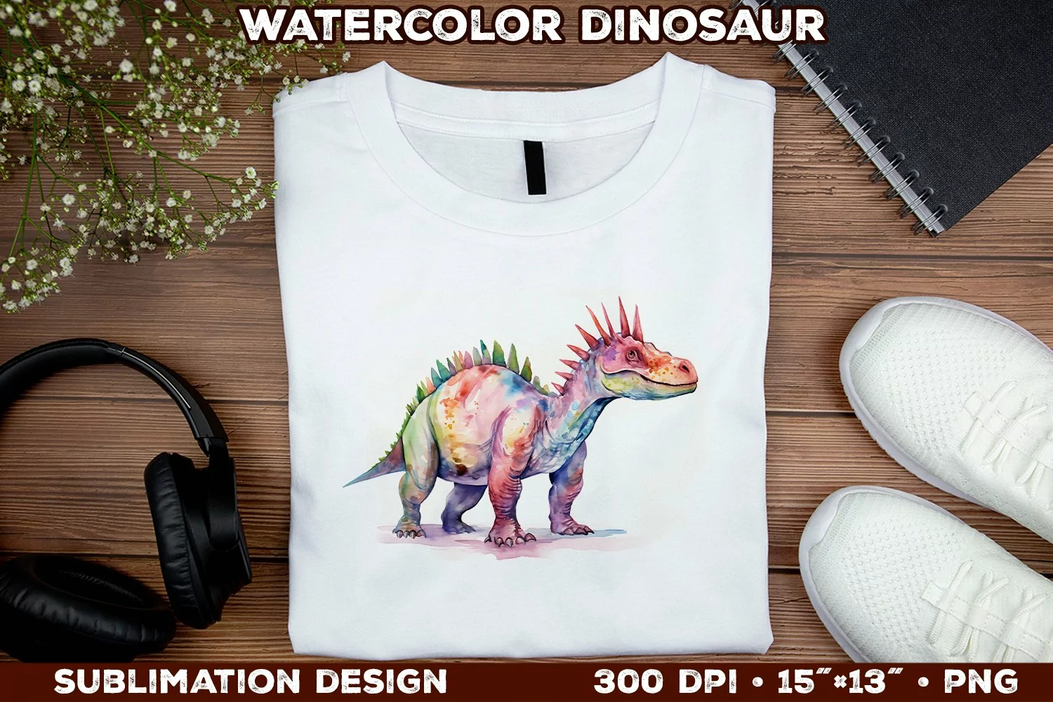 Watercolor Dinosaur T-Shirt Design. Dinosaur Sublimation PNG product image 1