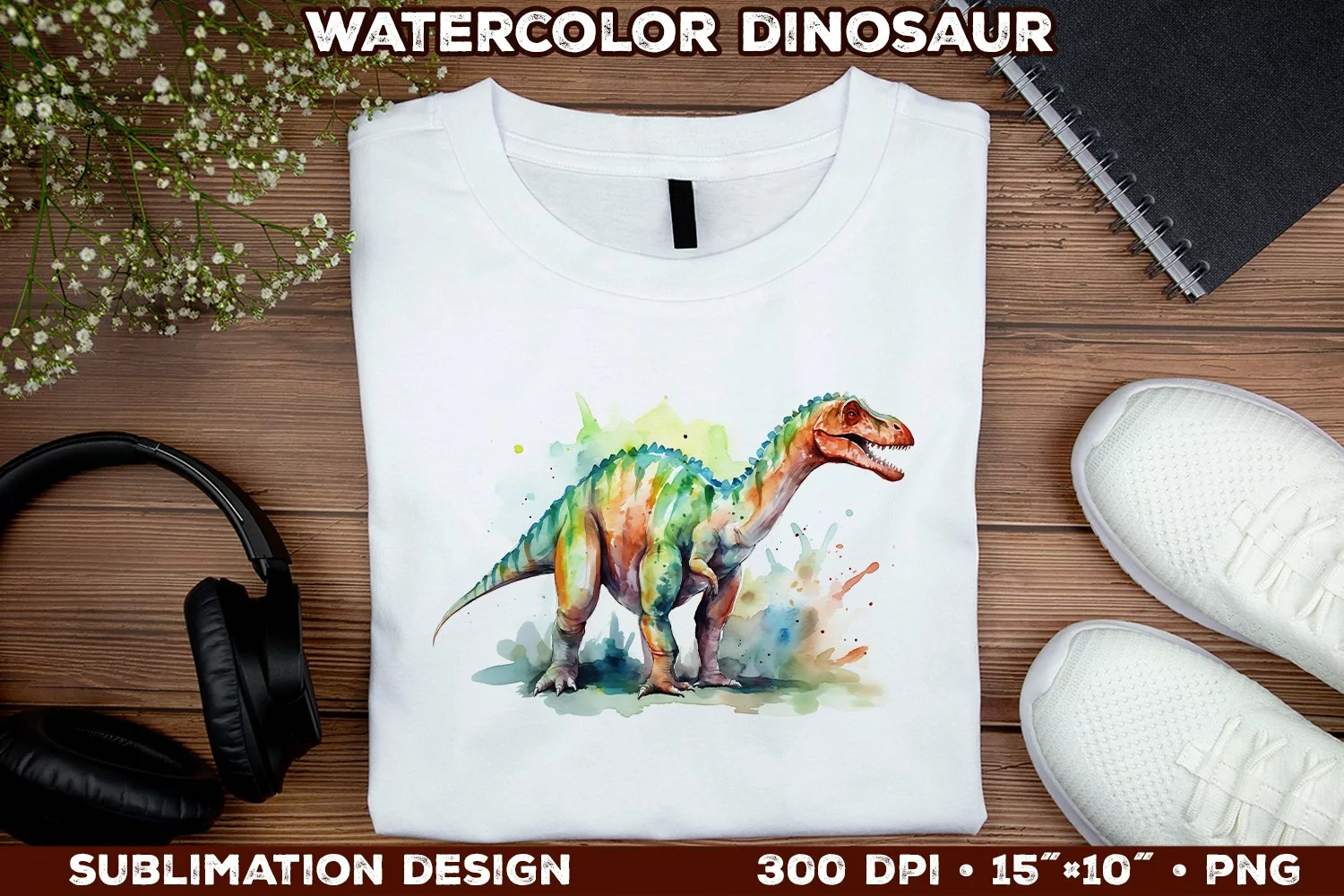 Watercolor Dinosaur T-Shirt Design. Dinosaur Sublimation PNG product image 1