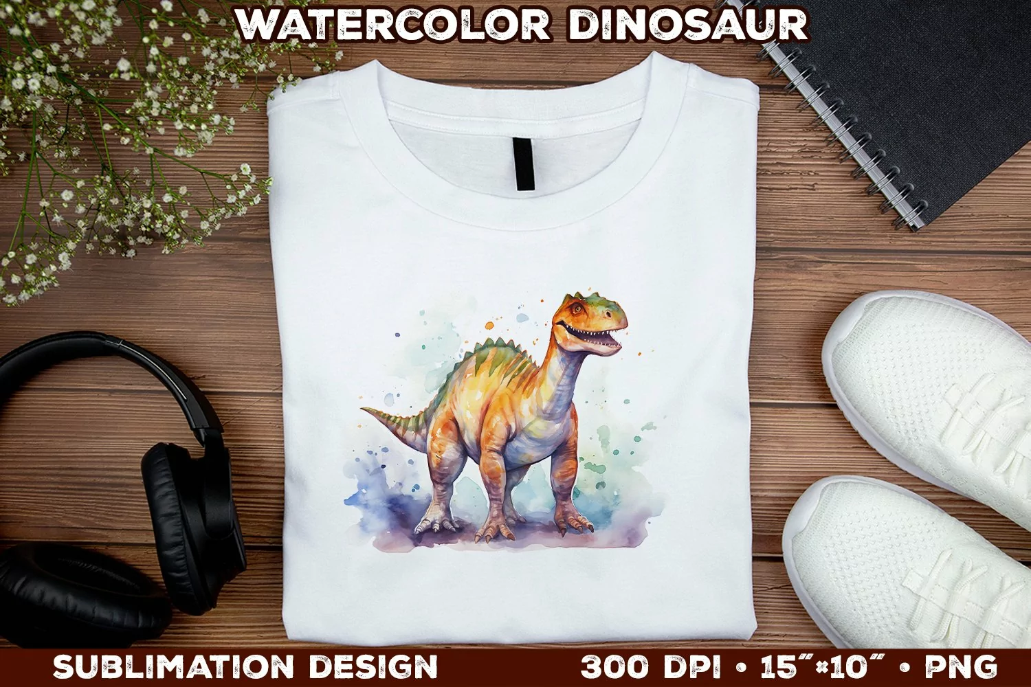 Watercolor Dinosaur T-Shirt Design. Dinosaur Sublimation PNG product image 1