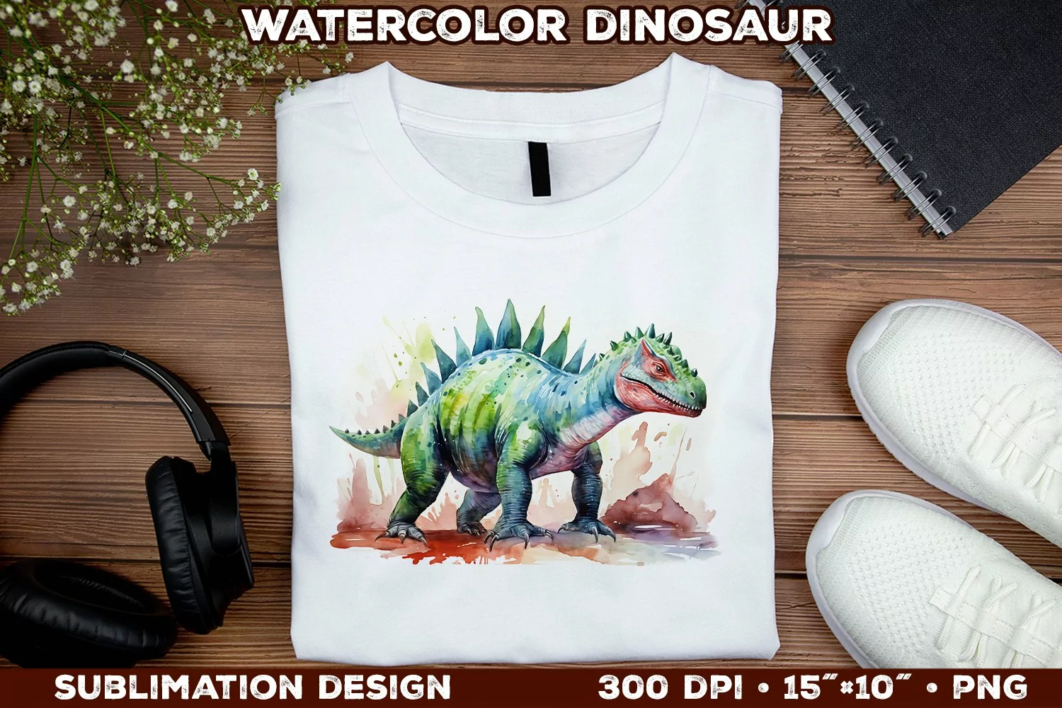 Watercolor Dinosaur T-Shirt Design. Dinosaur Sublimation PNG product image 1