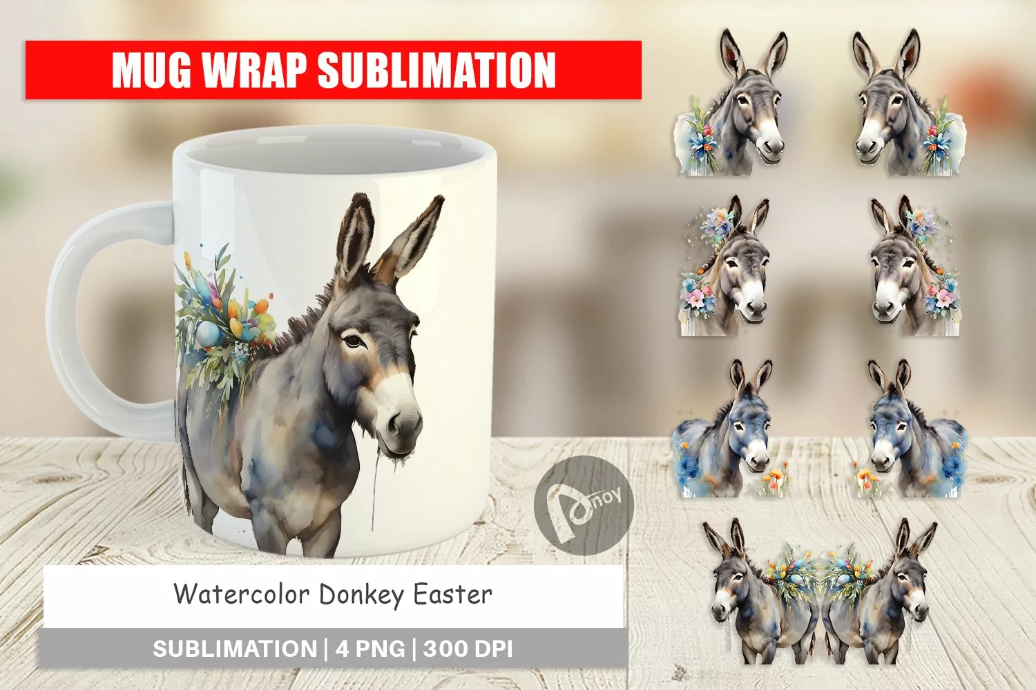 Mug Wrap Design Watercolor Donkey Easter product image 1