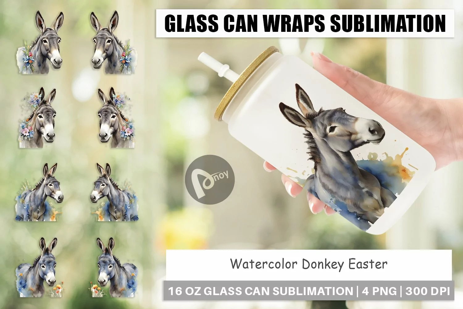 Glass Can Wraps Watercolor Donkey Easter product image 1