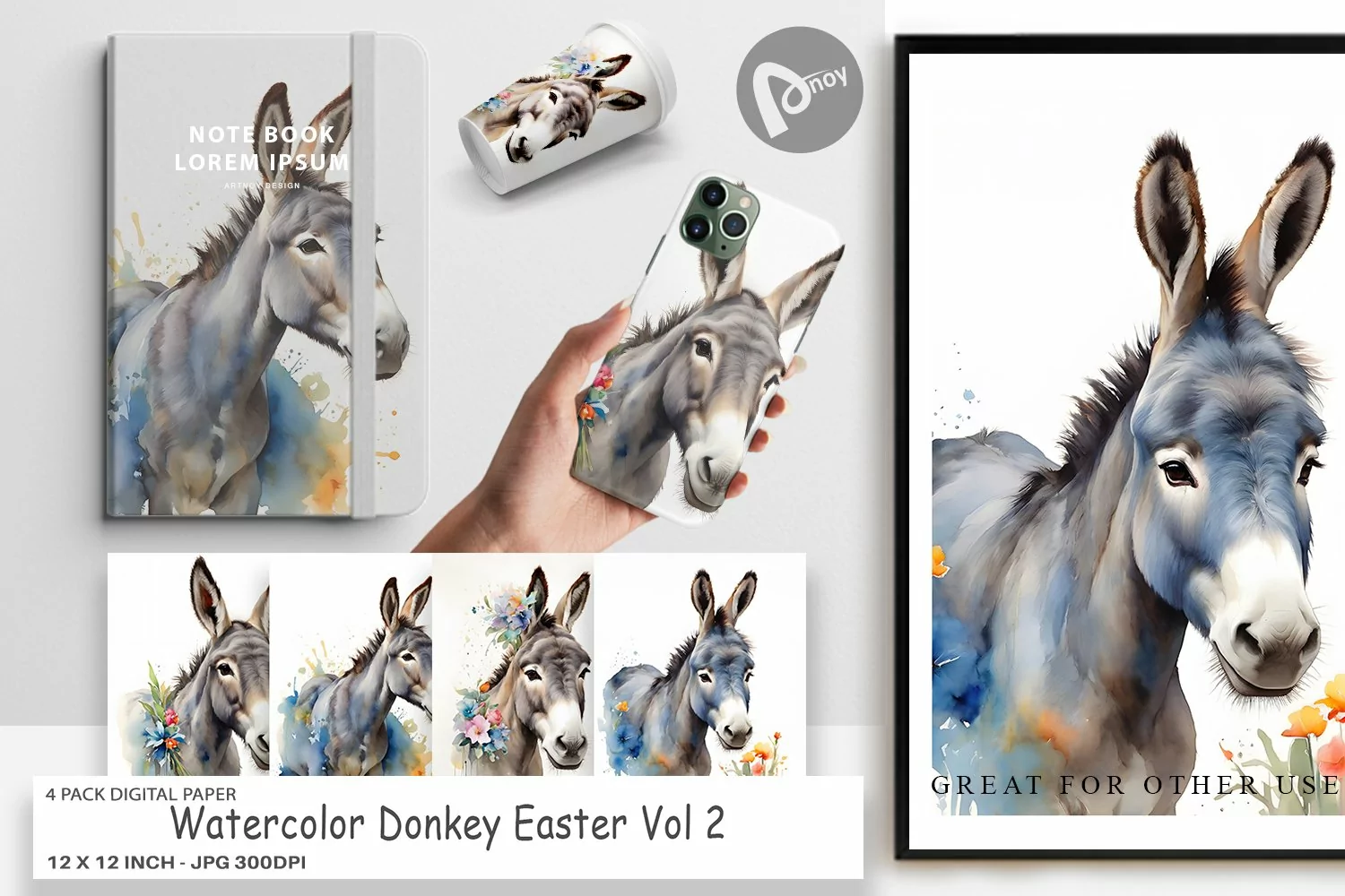 Digital Paper Watercolor Donkey Easter product image 1