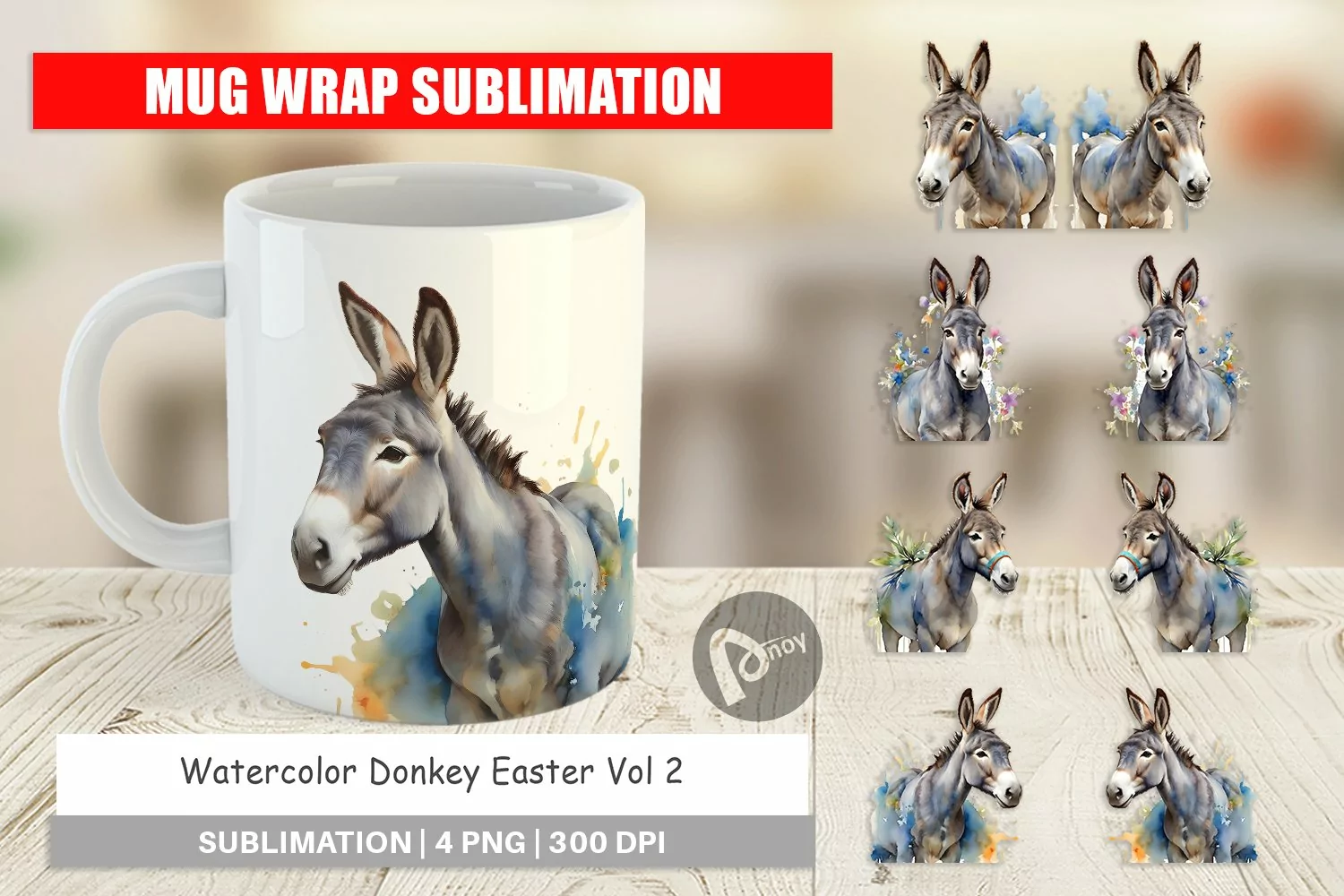 Mug Wrap Design Watercolor Donkey Easter product image 1