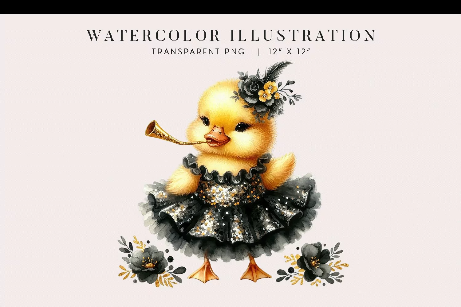 Watercolor Duckling New Year’s Celebration Clipart PNG product image 1
