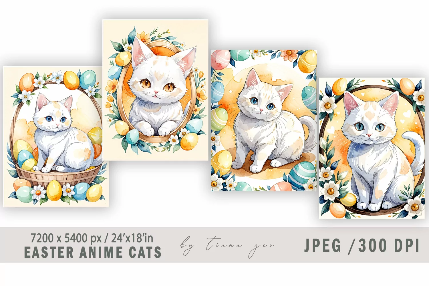 Watercolor Easter anime cat illustrations- 4 Jpeg files product image 1