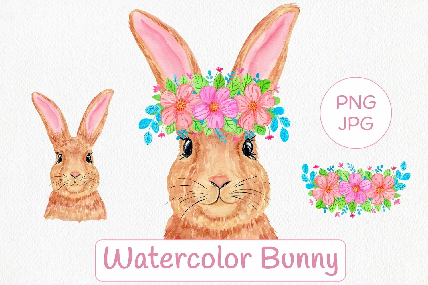 Watercolor Easter Bunny & Flowers Sublimation Design product image 1