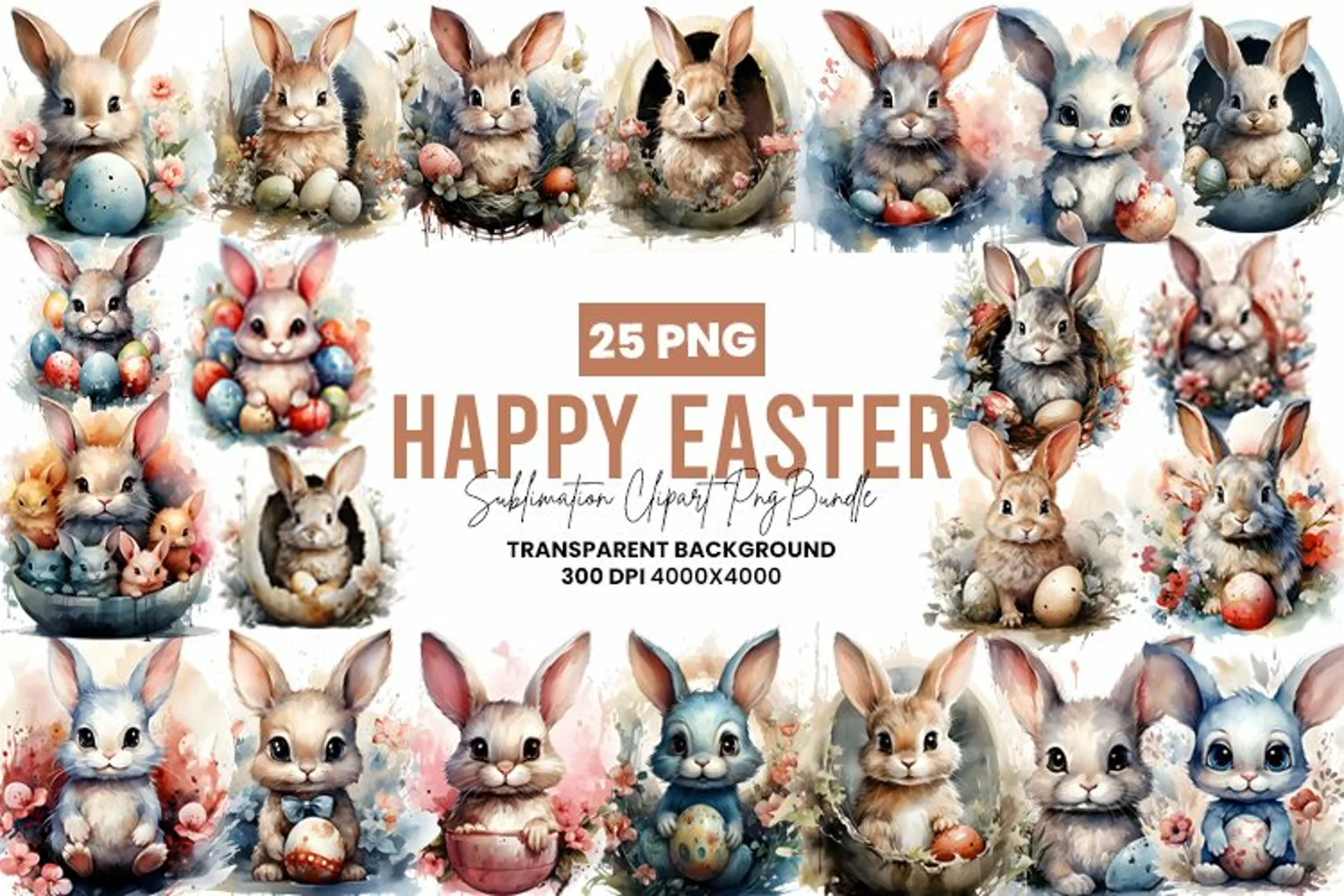 Watercolor Easter Bunny Clipart PNG Bundle