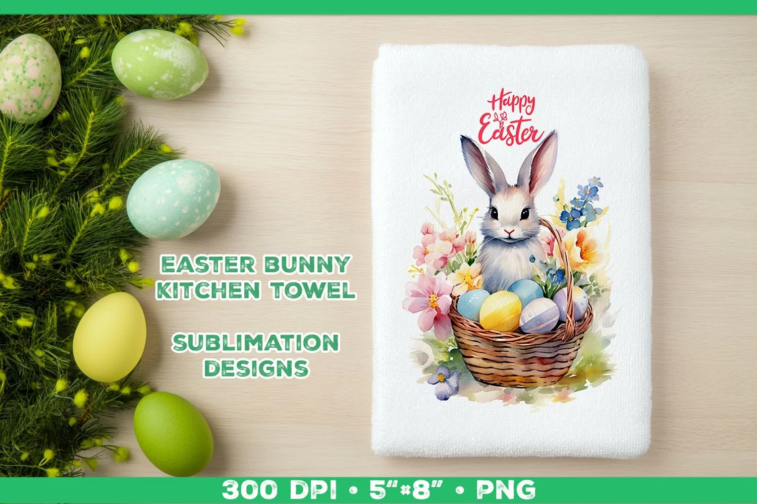 Watercolor Easter Bunny Towel Sublimation Design PNG product image 1