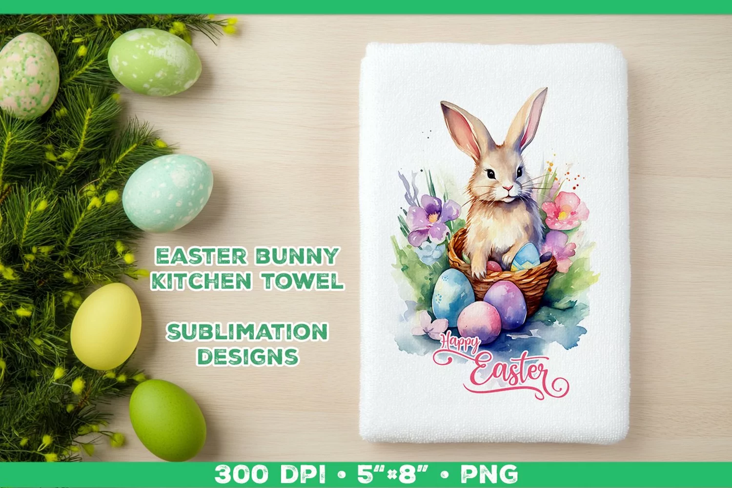 Watercolor Easter Bunny Towel Sublimation Design PNG product image 1