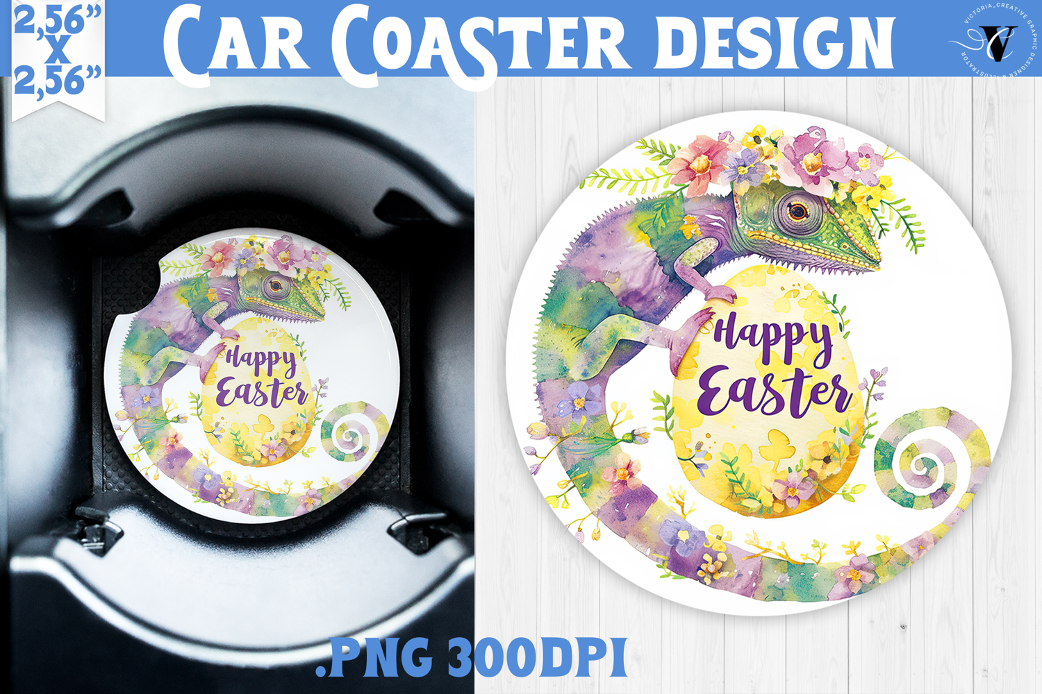 Car Coaster | Watercolor Chameleon | Happy Easter product image 1