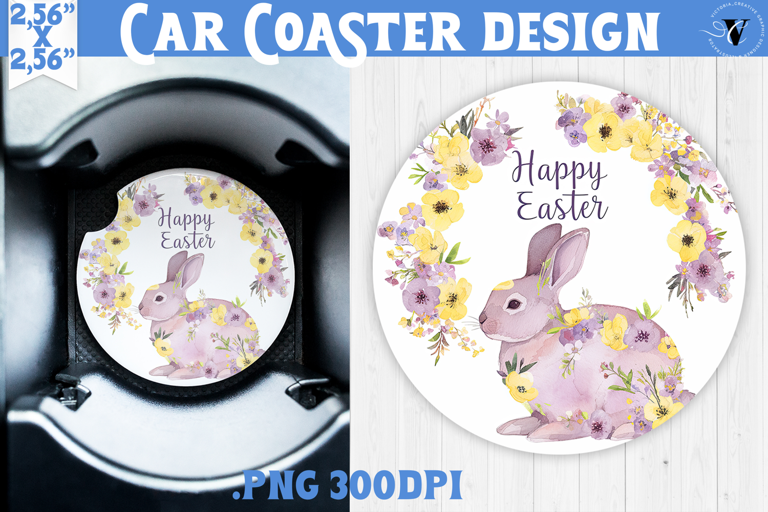 Car Coaster | Watercolor Bunny | Happy Easter product image 1