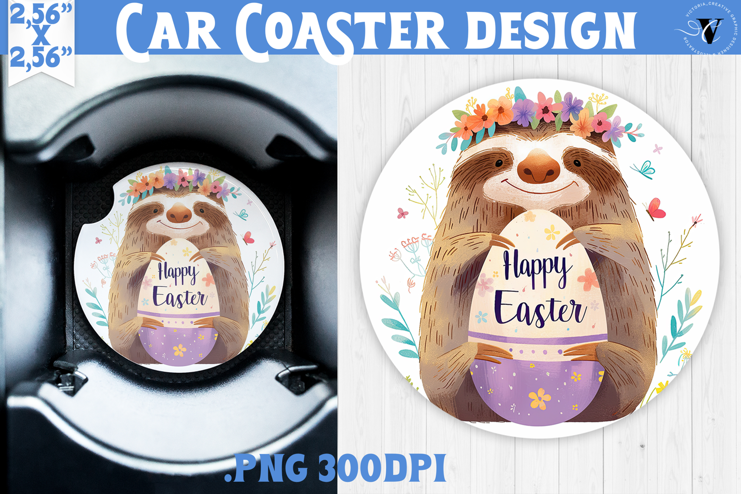 Car Coaster | Watercolor Sloth | Happy Easter product image 1