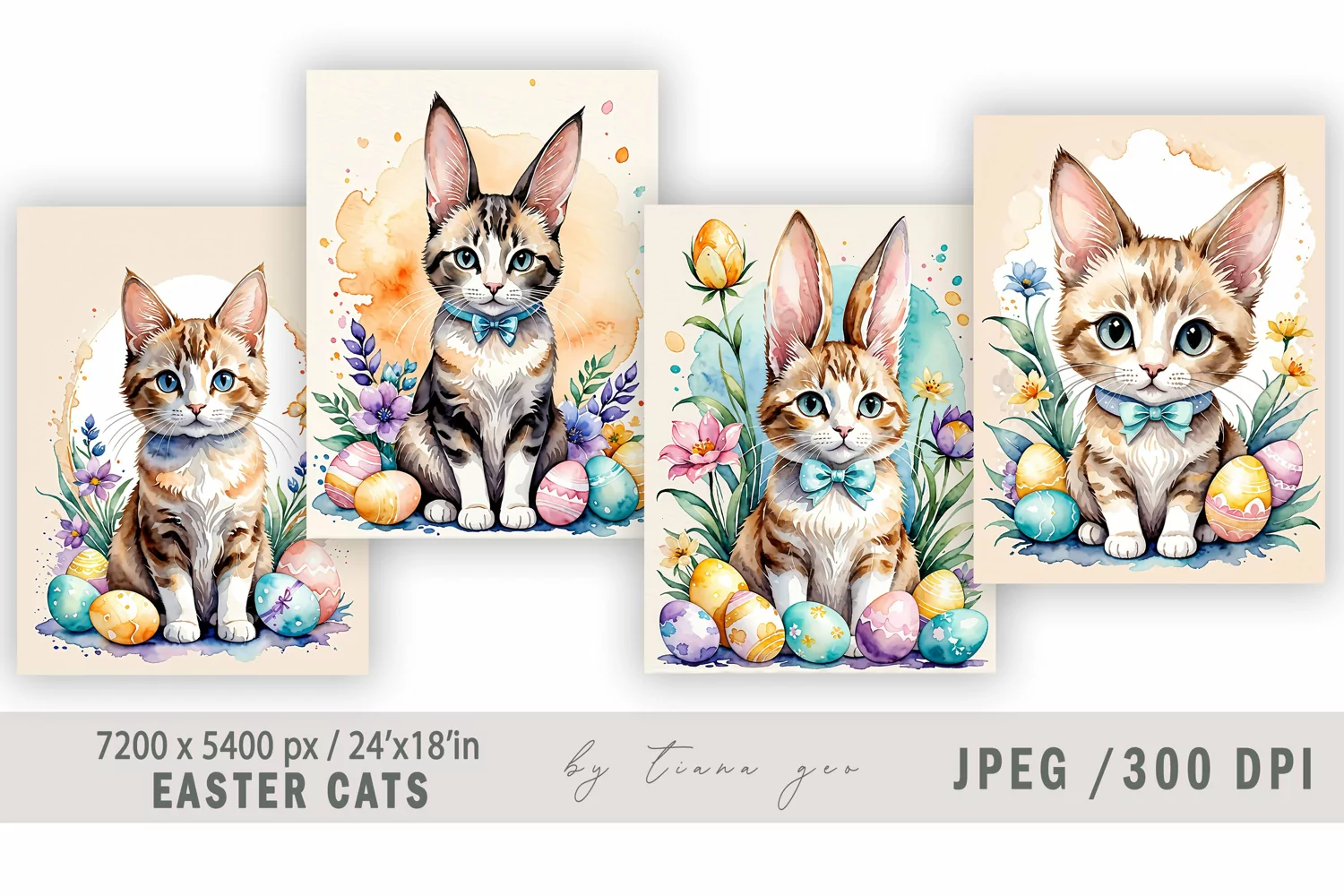 Cute watercolor Easter cat-bunny illustration- 4 Jpeg files product image 1