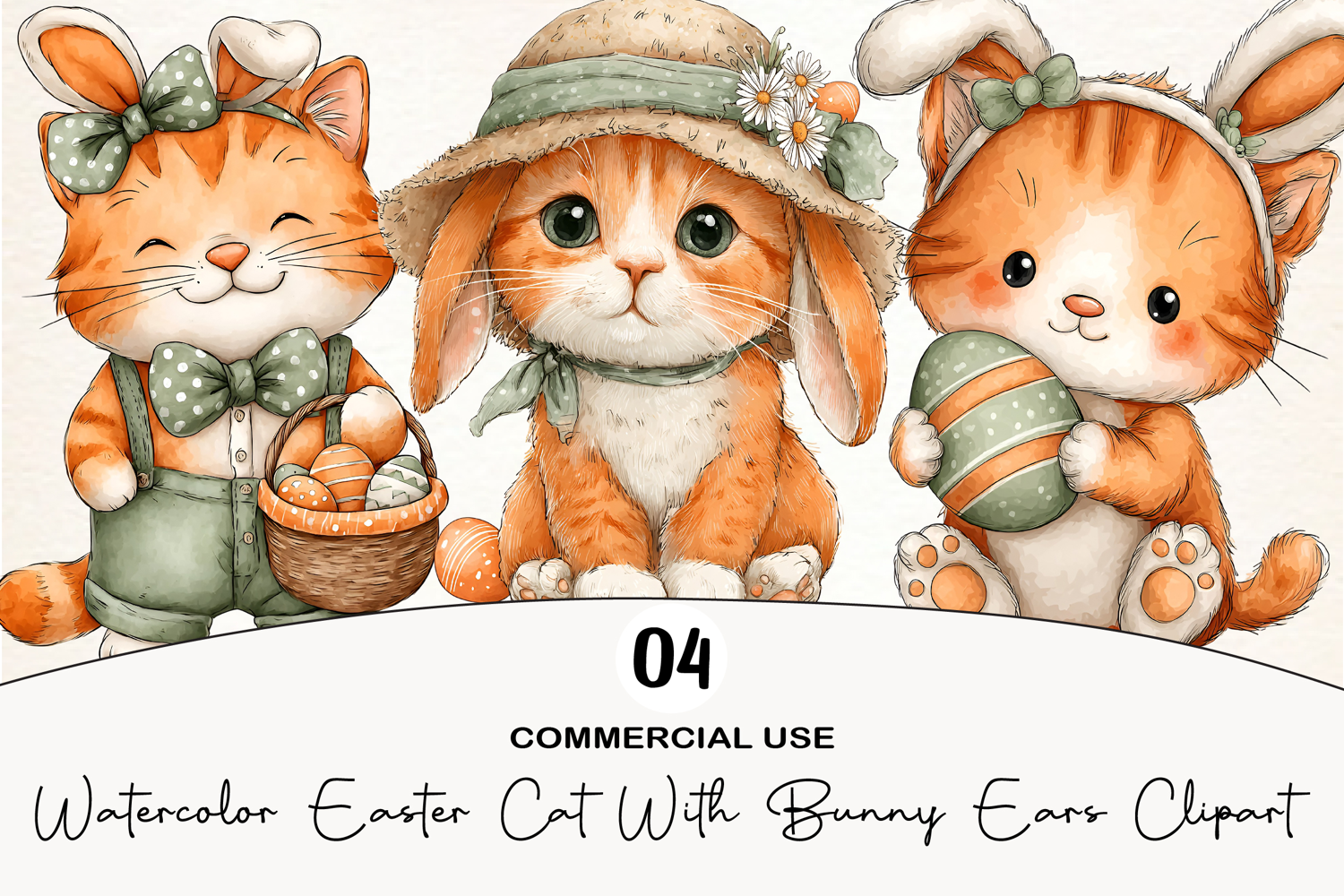 Watercolor Easter Cat With Bunny Ears Clipart product image 1