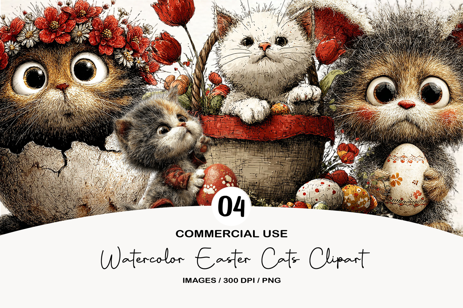 Watercolor Easter Cats Clipart product image 1